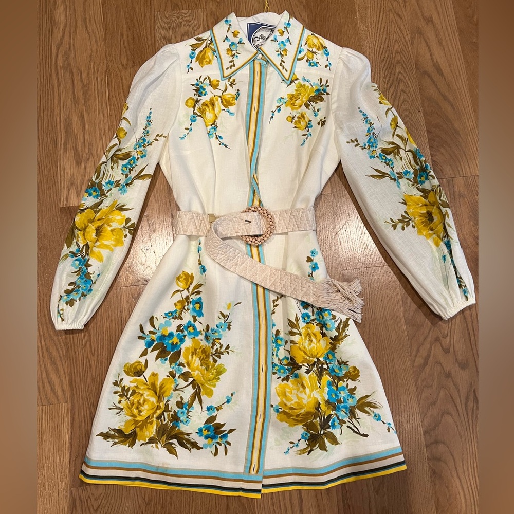 Zimmermann Cream and Yellow Embellished Bishop Sleeve Dress